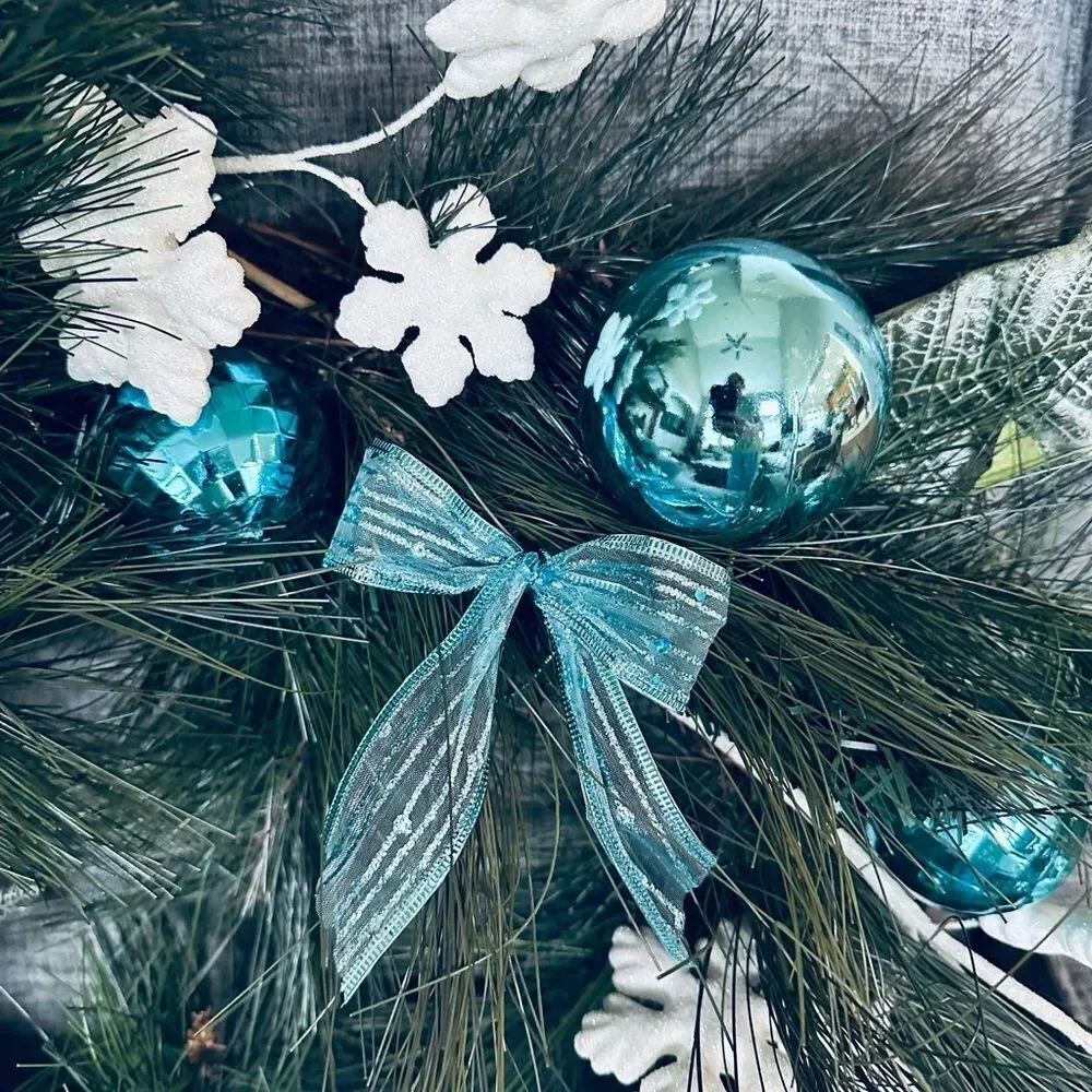 Turquoise Aqua Snowflake Holiday Christmas Pine Wreath